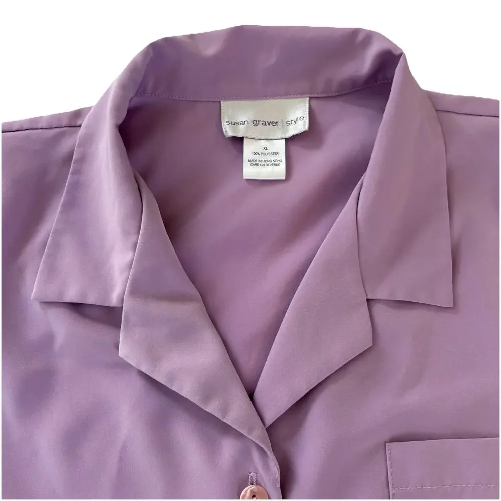 Vintage Susan Graver Style Lavender Short Sleeve Button Down Shirt Size XL
